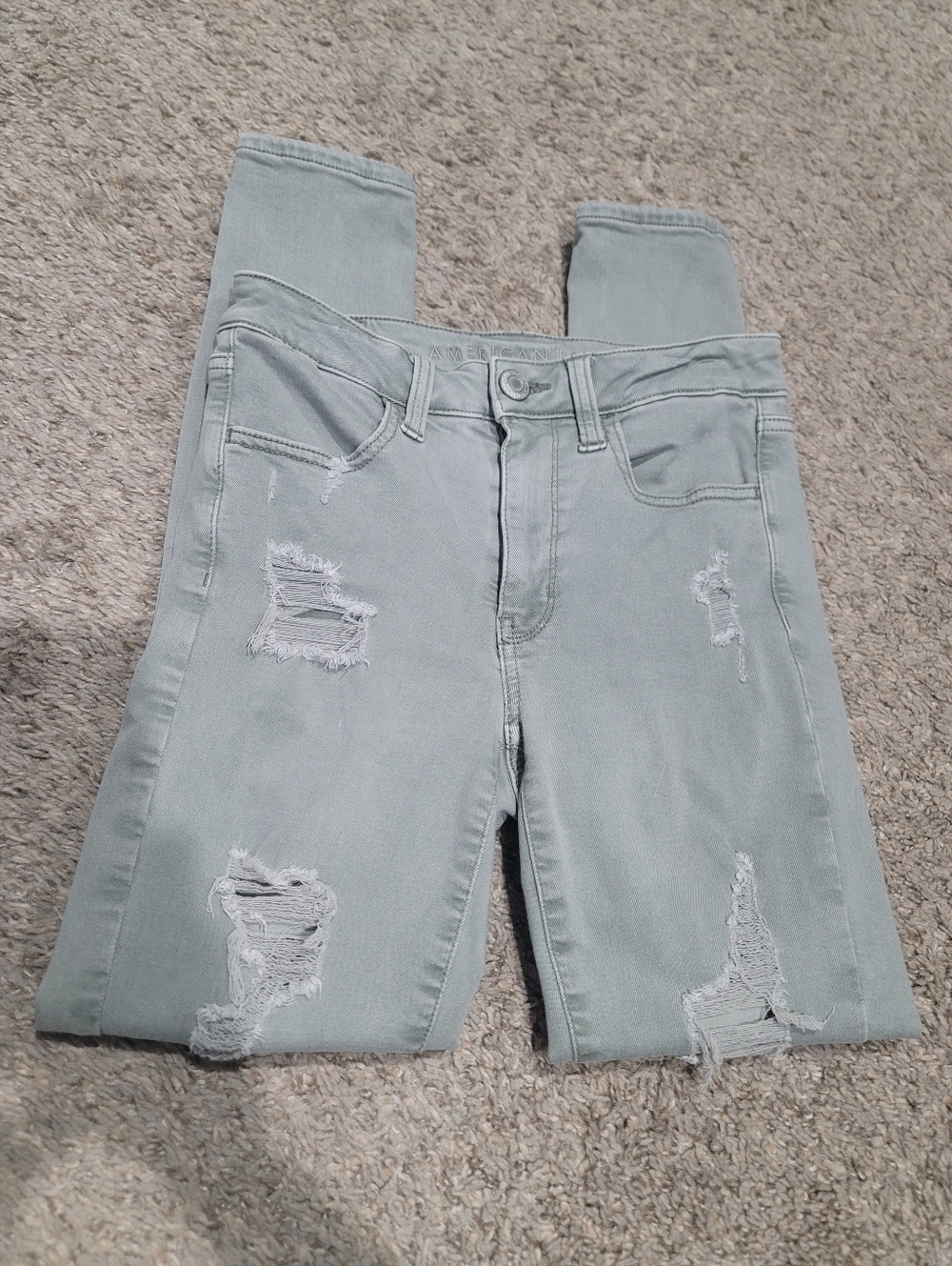 American Eagle Mid Rise Distressed Skinny Jeans Jeggings Dusty Sage Green 2